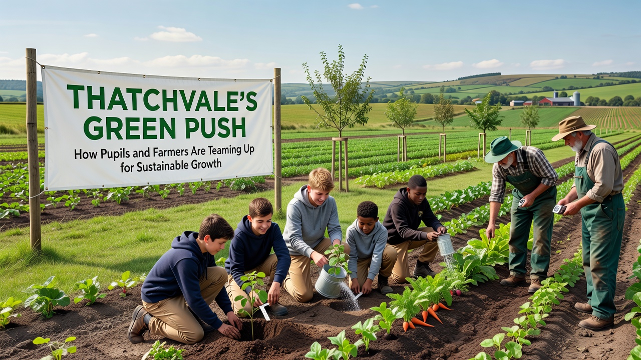Students and farmers installing rainwater harvesting equipment and monitoring soil health on a Thatchvale agricultural site